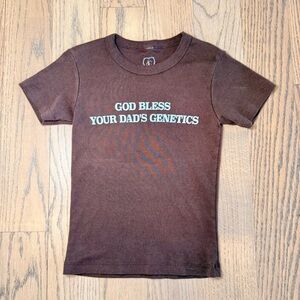 Sabrina Carpenter Merch Brown Baby Tee “God Bless Your Dad’s Genetics” Size S